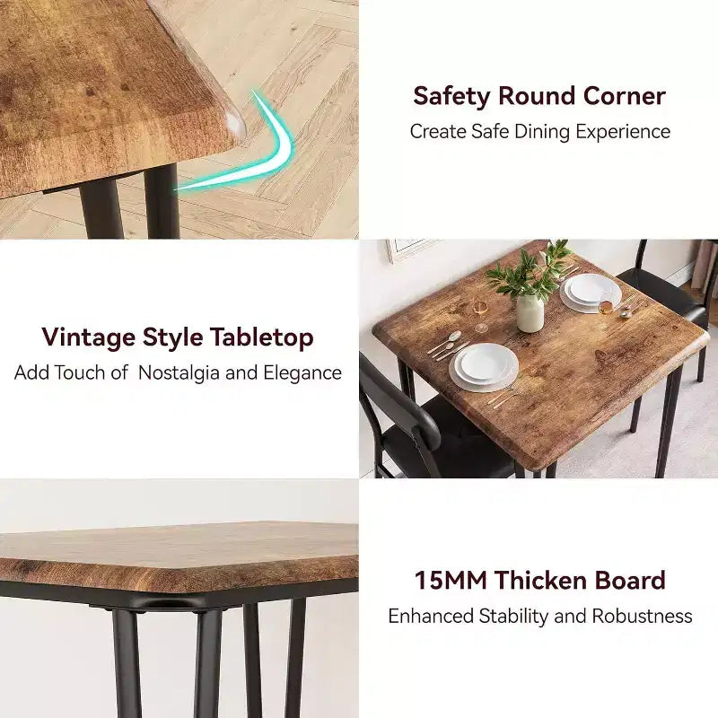 Table et chaises de cuisine pour 2 personnes, ensemble de table à manger petite et carrée avec 2 chaises rembourrées