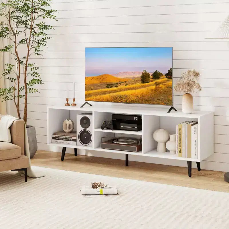 Meuble console Costway 47,5 po pour téléviseurs de 55 po avec étagères de rangement Pieds en métal robustes Blanc/Brun