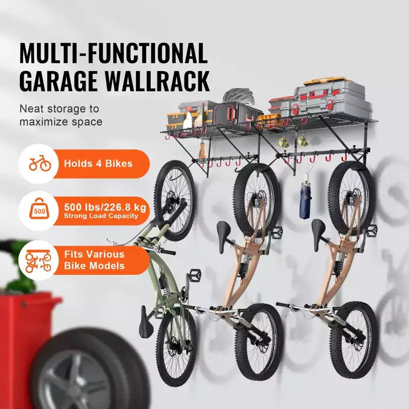 Porte-vélos VEVOR, rangement pour 4 vélos, support mural avec 2 étagères, organisateur pour la maison et le garage, adaptable à différentes tailles de vélos