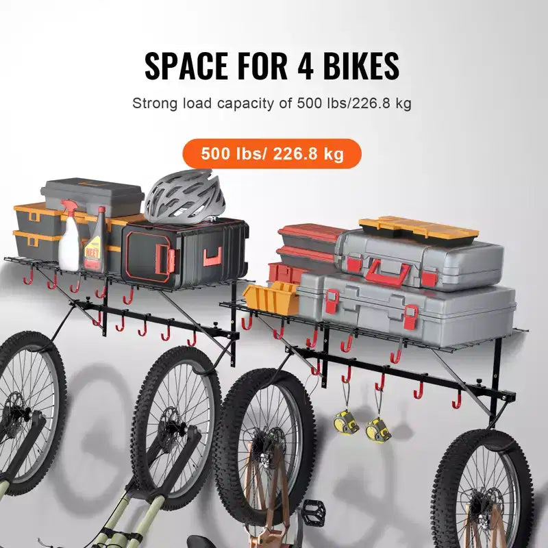 Porte-vélos VEVOR, rangement pour 4 vélos, support mural avec 2 étagères, organisateur pour la maison et le garage, adaptable à différentes tailles de vélos