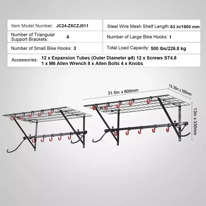 Porte-vélos VEVOR, rangement pour 4 vélos, support mural avec 2 étagères, organisateur pour la maison et le garage, adaptable à différentes tailles de vélos