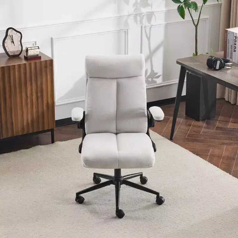 Chaise de bureau Karl Home | 28 pouces de large, dossier mi-hauteur, pivotante, en coton et lin, blanche, avec accoudoirs réglables