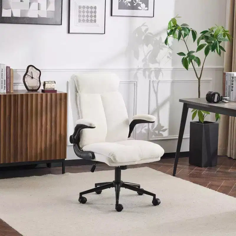 Chaise de bureau Karl Home | 28 pouces de large, dossier mi-hauteur, pivotante, en coton et lin, blanche, avec accoudoirs réglables