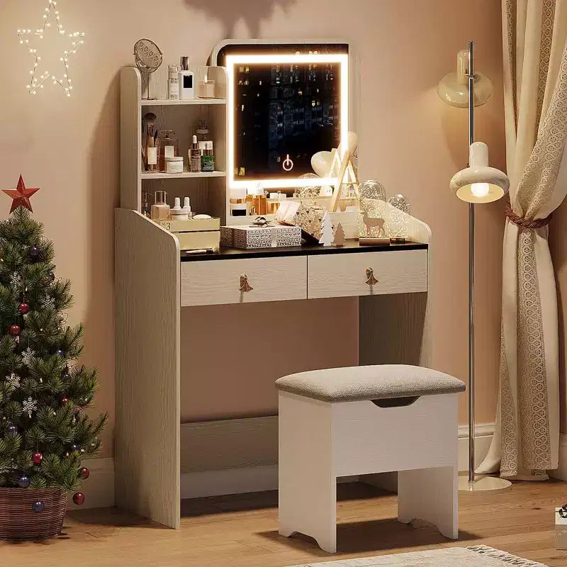 Coiffeuse Miroir avec Station & Tabouret - Ensemble Maquillage 2 Tiroirs pour Filles et Femmes