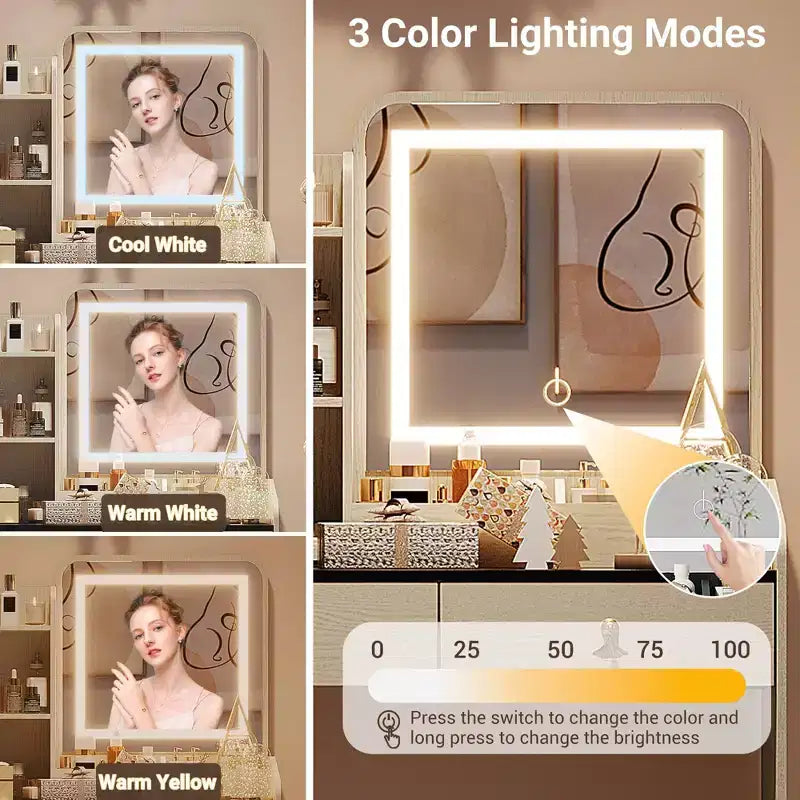 Coiffeuse Miroir avec Station & Tabouret - Ensemble Maquillage 2 Tiroirs pour Filles et Femmes