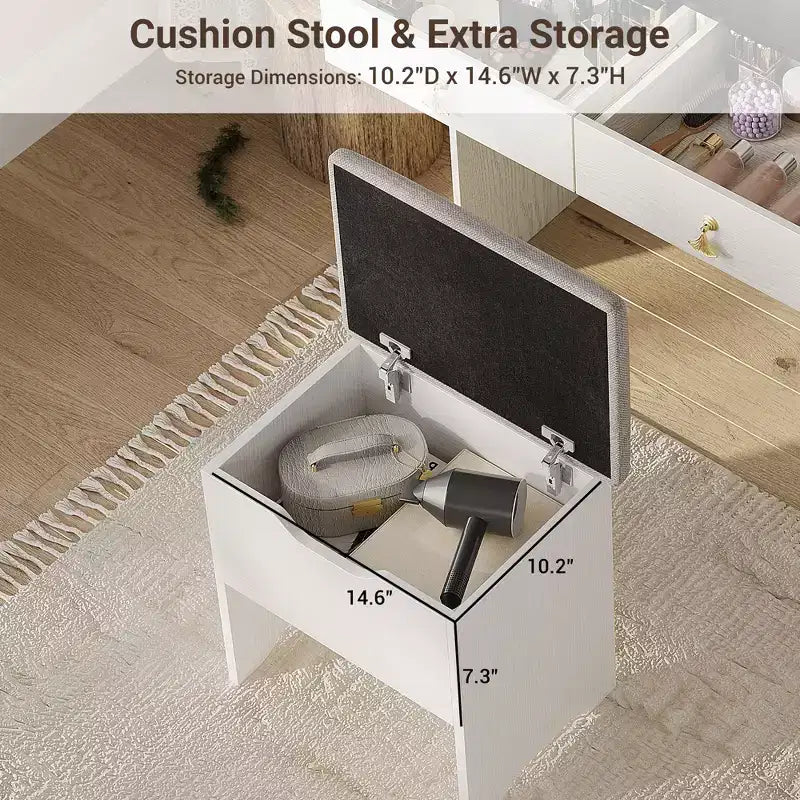 Coiffeuse Miroir avec Station & Tabouret - Ensemble Maquillage 2 Tiroirs pour Filles et Femmes