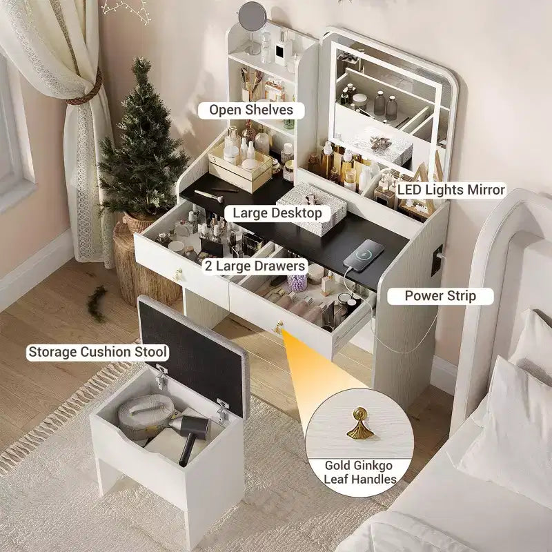 Coiffeuse Miroir avec Station & Tabouret - Ensemble Maquillage 2 Tiroirs pour Filles et Femmes
