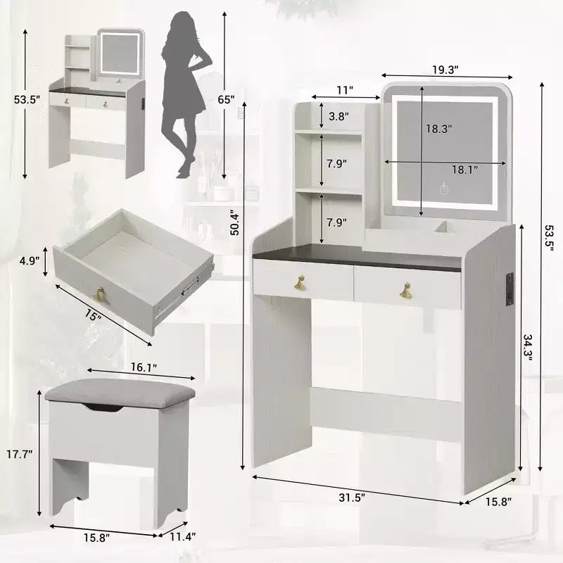 Coiffeuse Miroir avec Station & Tabouret - Ensemble Maquillage 2 Tiroirs pour Filles et Femmes