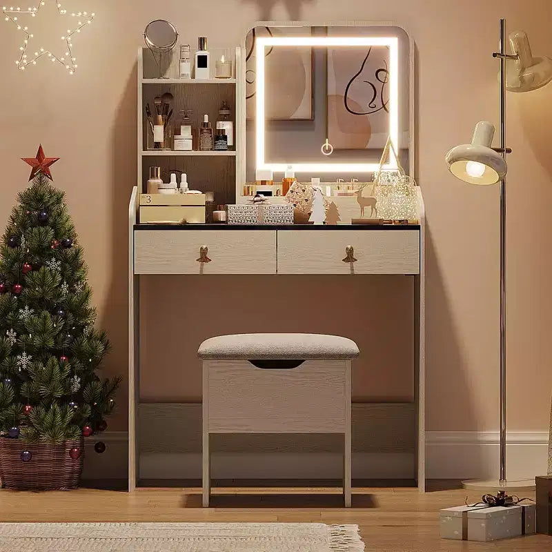 Coiffeuse Miroir avec Station & Tabouret - Ensemble Maquillage 2 Tiroirs pour Filles et Femmes