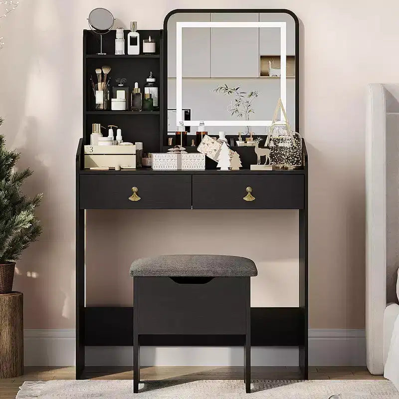 Coiffeuse Miroir avec Station & Tabouret - Ensemble Maquillage 2 Tiroirs pour Filles et Femmes