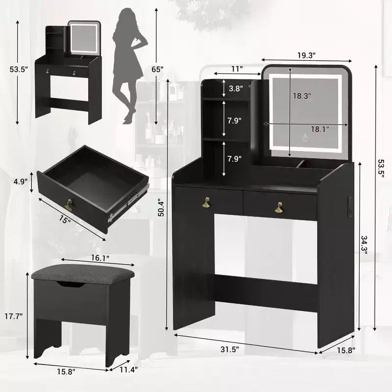 Coiffeuse Miroir avec Station & Tabouret - Ensemble Maquillage 2 Tiroirs pour Filles et Femmes