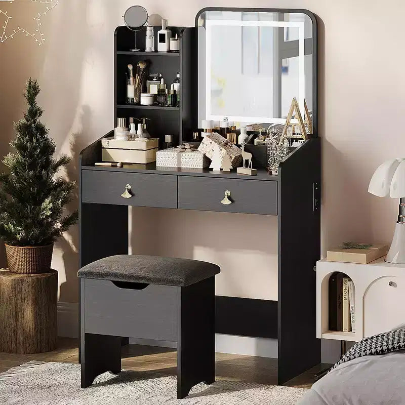 Mirror Vanity Desk with Station & Stool - 2-Drawer Makeup Set for Girls & Women