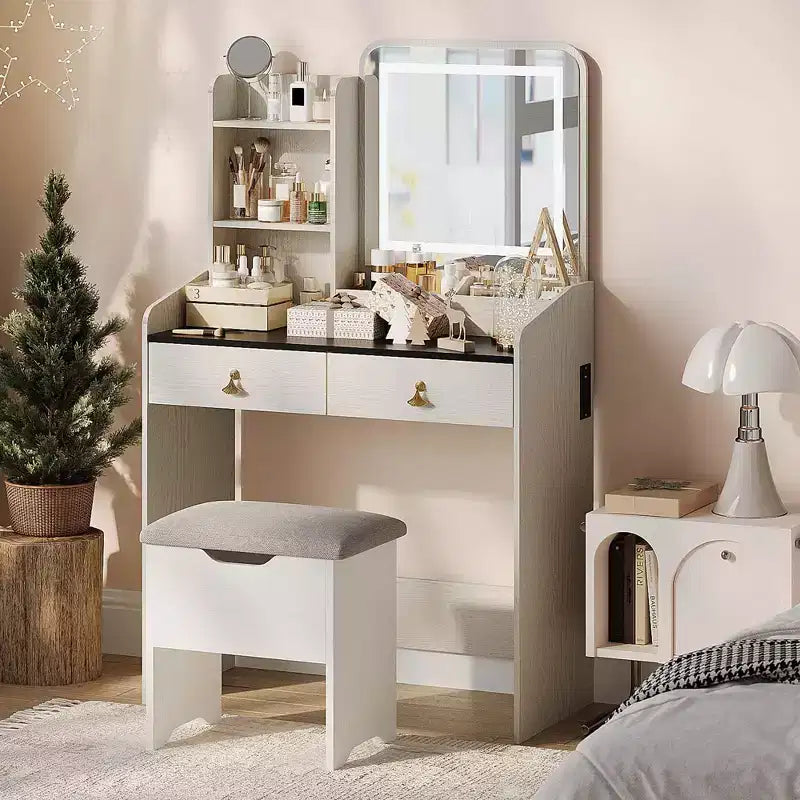 Coiffeuse Miroir avec Station & Tabouret - Ensemble Maquillage 2 Tiroirs pour Filles et Femmes