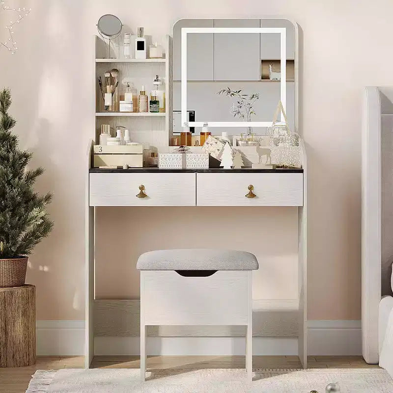 Coiffeuse Miroir avec Station & Tabouret - Ensemble Maquillage 2 Tiroirs pour Filles et Femmes