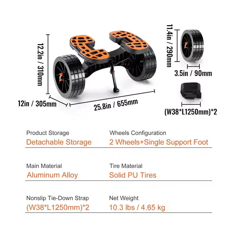 Chariot de kayak robuste VEVOR, capacité de charge de 145 kg, chariot de canoë détachable avec pneus pleins de 25,4 cm, supports réglables et pied de support antidérapant