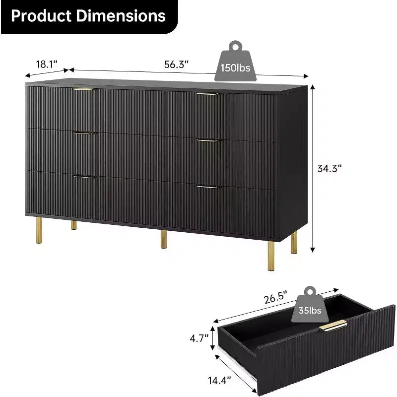 Commode à 6 tiroirs pour chambre à coucher, commode de rangement moderne en bois, avec poignées métalliques dorées et dispositif anti-basculement, pour salon