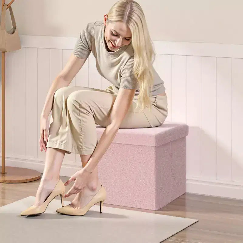 LUSIMO Banc Pouf de Rangement Pliant en Fausse Peau de Mouton, Coffre à Jouets, Repose-Pieds, Supporte jusqu'à 177 kg pour Chambre à Coucher, Salon