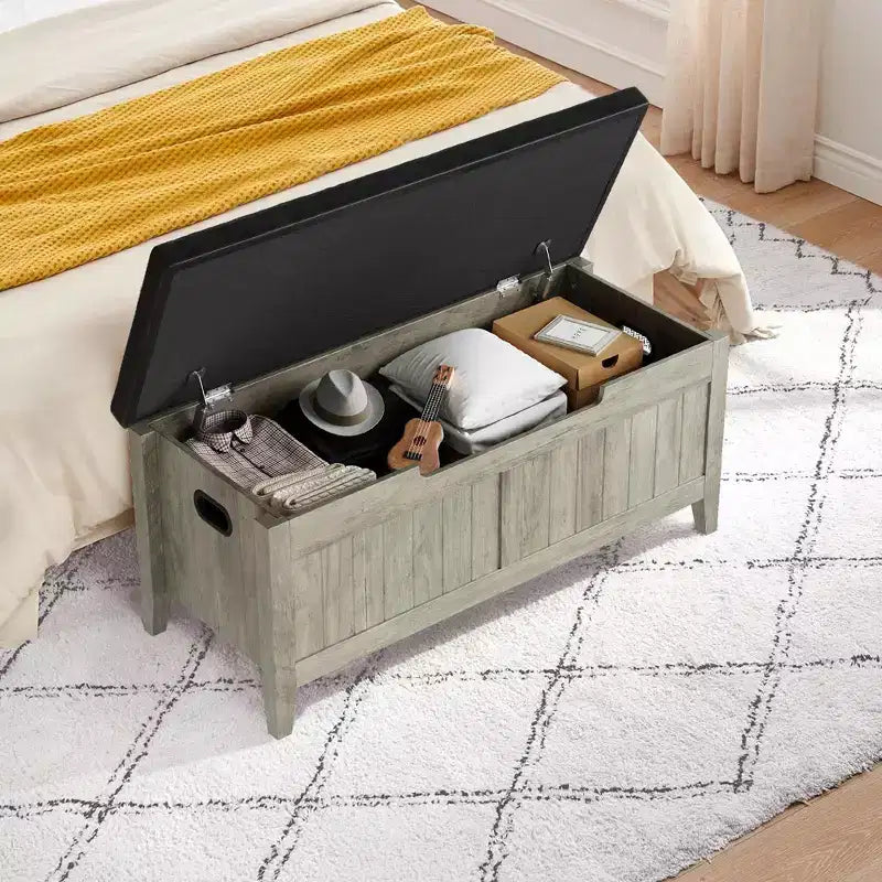 TROPOW Coffre de rangement, Banc de rangement avec coussin d'assise, 2 charnières de sécurité, Banc à chaussures, Organisateur de rangement en bois, Montage facile