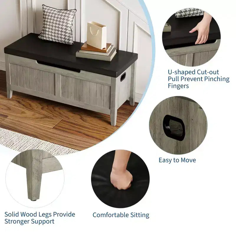 TROPOW Coffre de rangement, Banc de rangement avec coussin d'assise, 2 charnières de sécurité, Banc à chaussures, Organisateur de rangement en bois, Montage facile