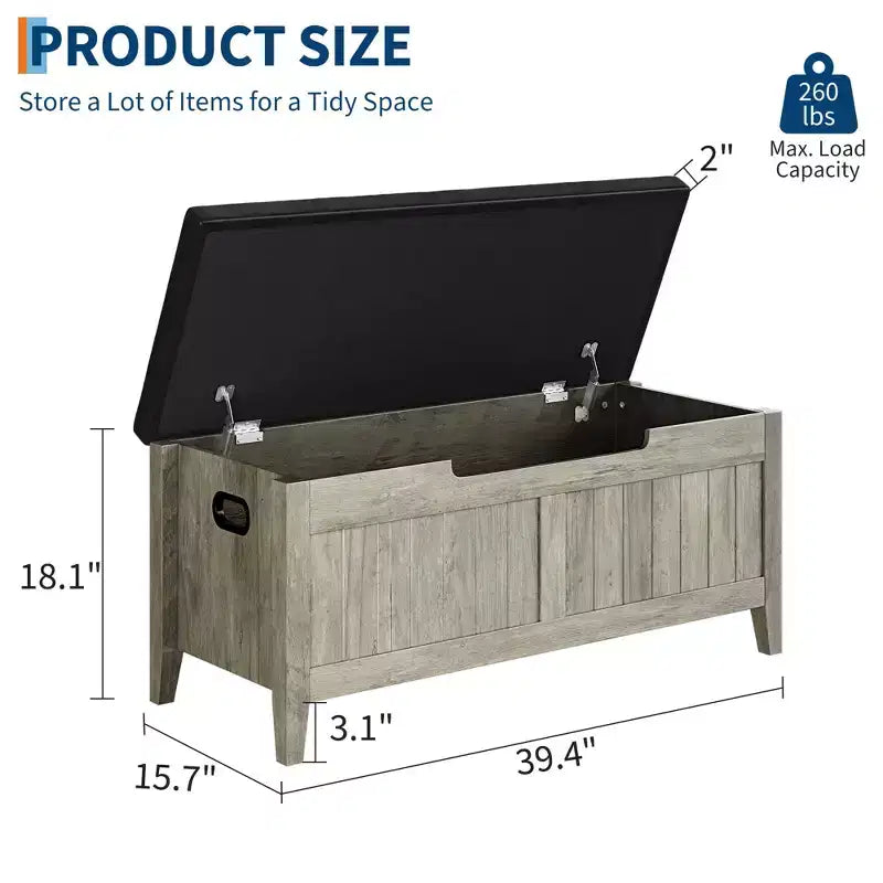 TROPOW Coffre de rangement, Banc de rangement avec coussin d'assise, 2 charnières de sécurité, Banc à chaussures, Organisateur de rangement en bois, Montage facile