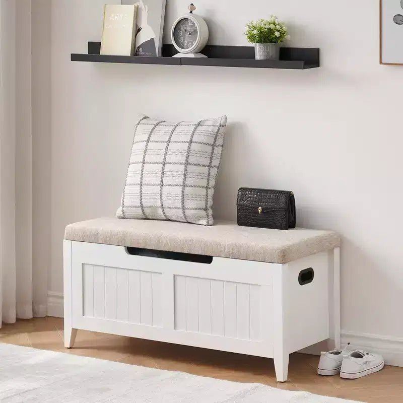 TROPOW Coffre de rangement, Banc de rangement avec coussin d'assise, 2 charnières de sécurité, Banc à chaussures, Organisateur de rangement en bois, Montage facile