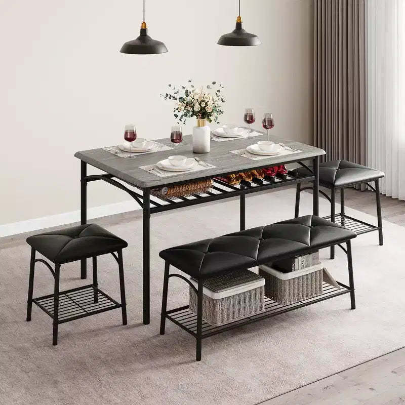 Ensemble table de salle à manger 4 places, table de cuisine en métal avec banc rembourré et 2 tabourets carrés, ensemble dînette 4 pièces avec étagères de rangement