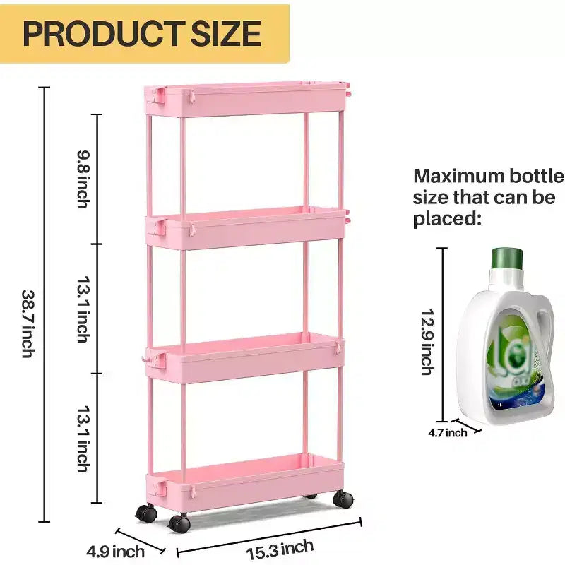 Chariot de rangement roulant mince à 4 niveaux Tree City Pink - Organisateur mobile multifonctionnel
