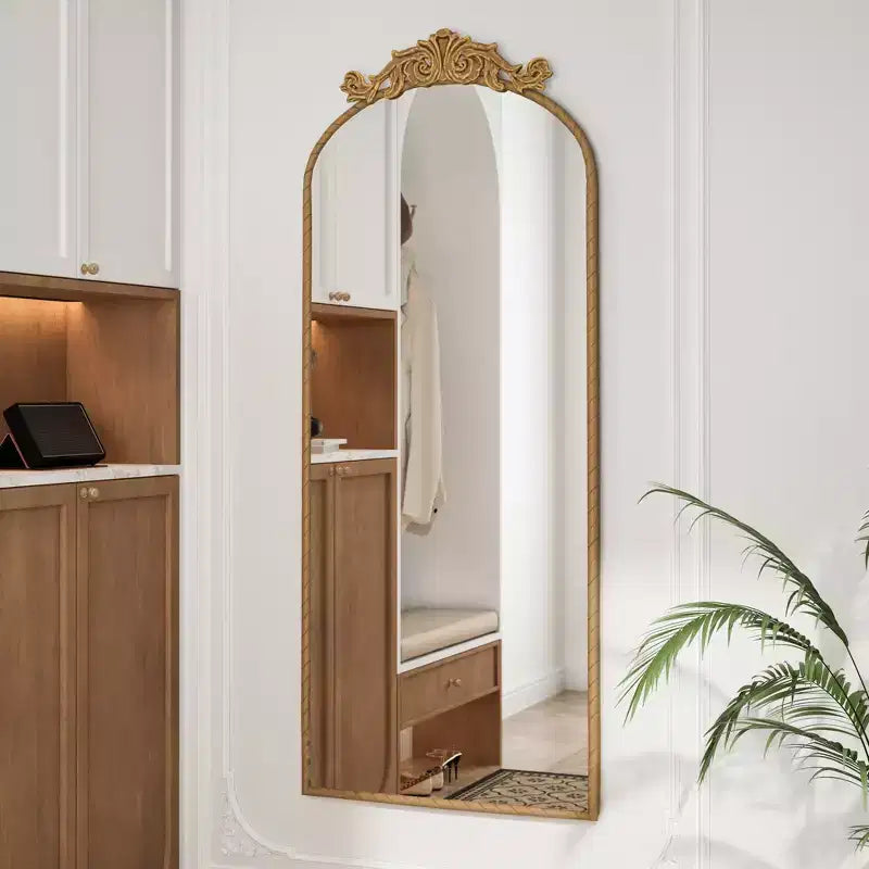 Miroir de corps entier vintage arqué 58x24, applique sculptée ornée, miroir mural pour décoration intérieure rétro, bronze/argent - ModernLuxe