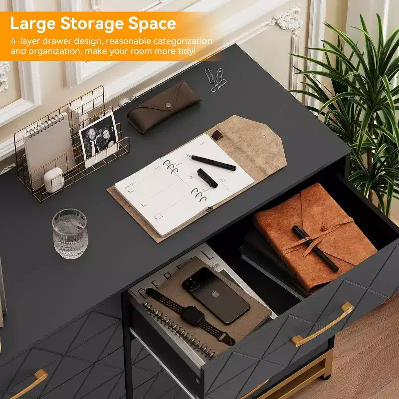 Commode noire en MDF+PB+Fer, 8 grands tiroirs, panneau à motif triangulaire, anti-poussière et résistante à l'usure, adaptée à de multiples scénarios