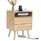 VEVOR Rattan Nightstand, Boho Bedside Table with Open Shelf 2 Drawers, Rattan End Table Nightstand with Solid Wood Legs, Natural