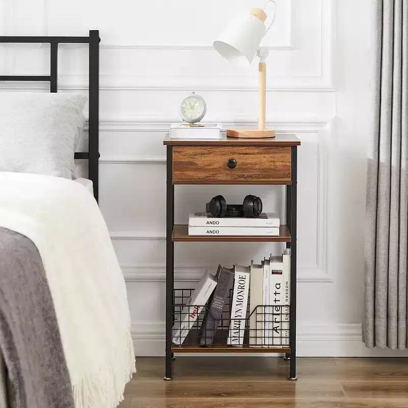 Table d'appoint haute VECELO, avec étagère de rangement et panier coulissant en métal pour salon ou chambre, gris/marron