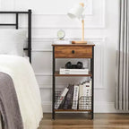 Table d'appoint haute VECELO, avec étagère de rangement et panier coulissant en métal pour salon ou chambre, gris/marron