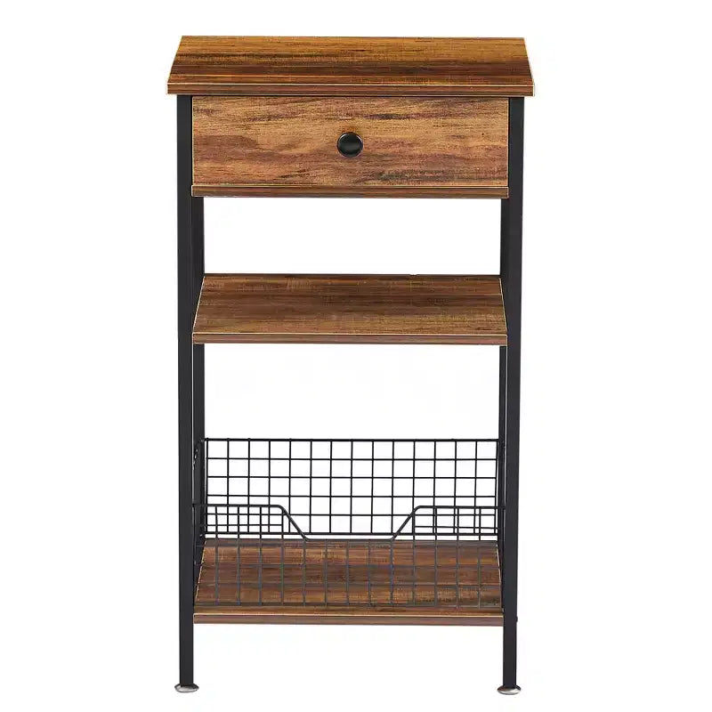 Table d'appoint haute VECELO, avec étagère de rangement et panier coulissant en métal pour salon ou chambre, gris/marron