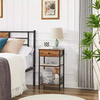 Table d'appoint haute VECELO, avec étagère de rangement et panier coulissant en métal pour salon ou chambre, gris/marron