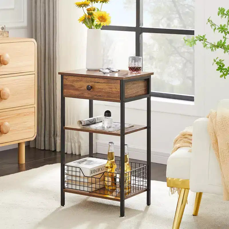 Table d'appoint haute VECELO, avec étagère de rangement et panier coulissant en métal pour salon ou chambre, gris/marron