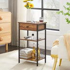 Table d'appoint haute VECELO, avec étagère de rangement et panier coulissant en métal pour salon ou chambre, gris/marron