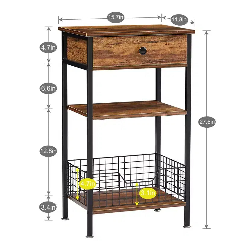 Table d'appoint haute VECELO, avec étagère de rangement et panier coulissant en métal pour salon ou chambre, gris/marron