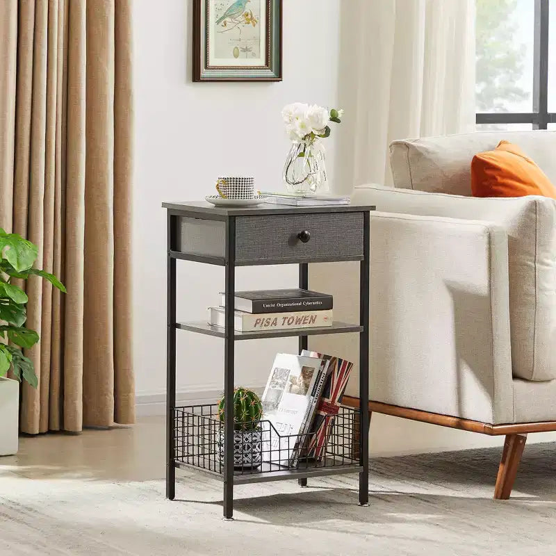 Table d'appoint haute VECELO, avec étagère de rangement et panier coulissant en métal pour salon ou chambre, gris/marron
