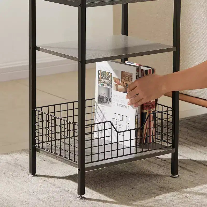 Table d'appoint haute VECELO, avec étagère de rangement et panier coulissant en métal pour salon ou chambre, gris/marron