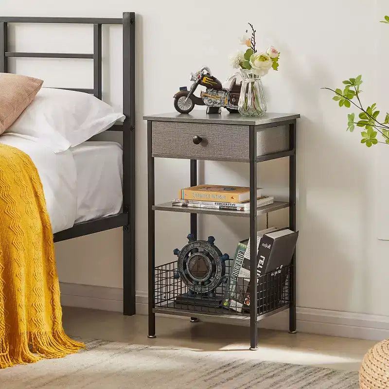 Table d'appoint haute VECELO, avec étagère de rangement et panier coulissant en métal pour salon ou chambre, gris/marron