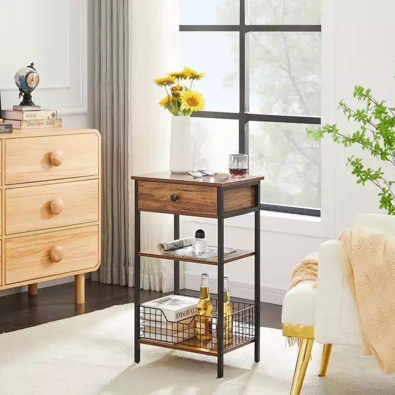 Table d'appoint haute VECELO, avec étagère de rangement et panier coulissant en métal pour salon ou chambre, gris/marron
