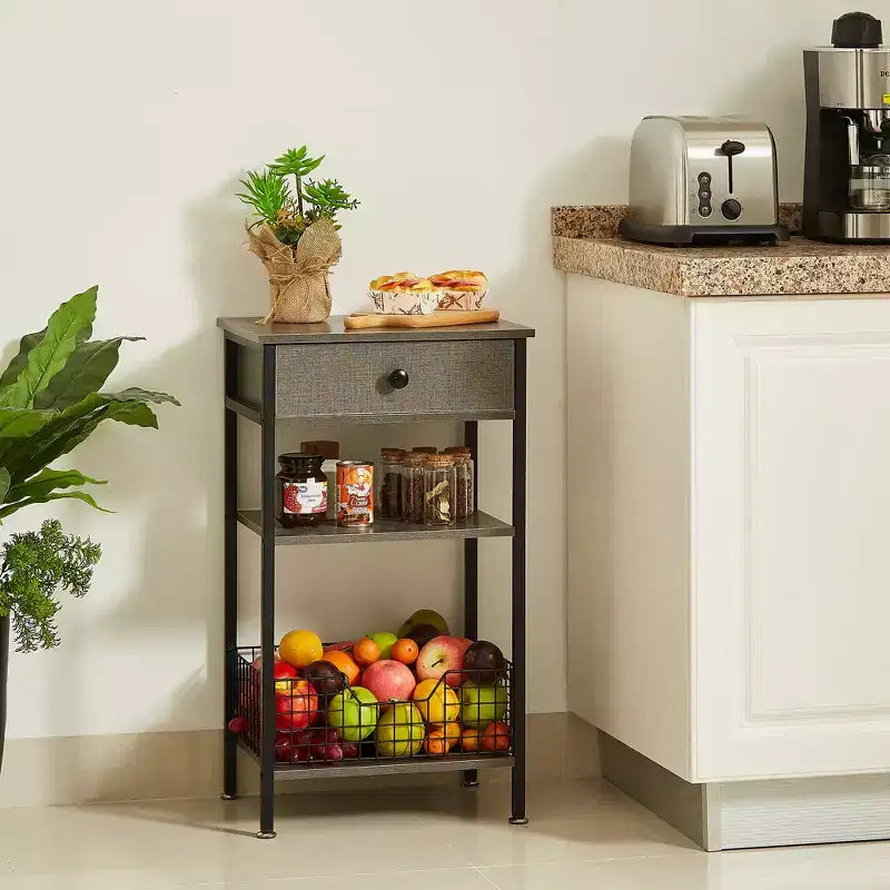Table d'appoint haute VECELO, avec étagère de rangement et panier coulissant en métal pour salon ou chambre, gris/marron
