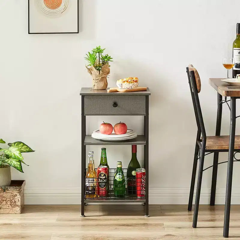 Table d'appoint haute VECELO, avec étagère de rangement et panier coulissant en métal pour salon ou chambre, gris/marron