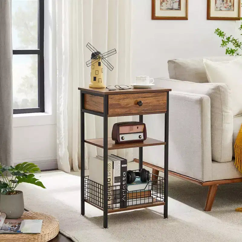 Table d'appoint haute VECELO, avec étagère de rangement et panier coulissant en métal pour salon ou chambre, gris/marron