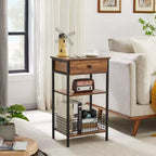 Table d'appoint haute VECELO, avec étagère de rangement et panier coulissant en métal pour salon ou chambre, gris/marron