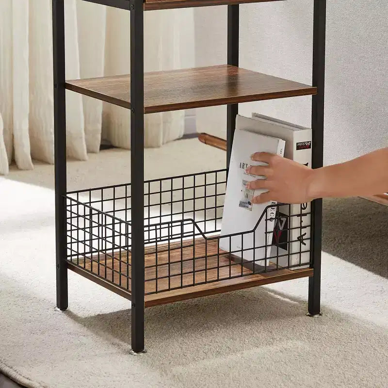Table d'appoint haute VECELO, avec étagère de rangement et panier coulissant en métal pour salon ou chambre, gris/marron