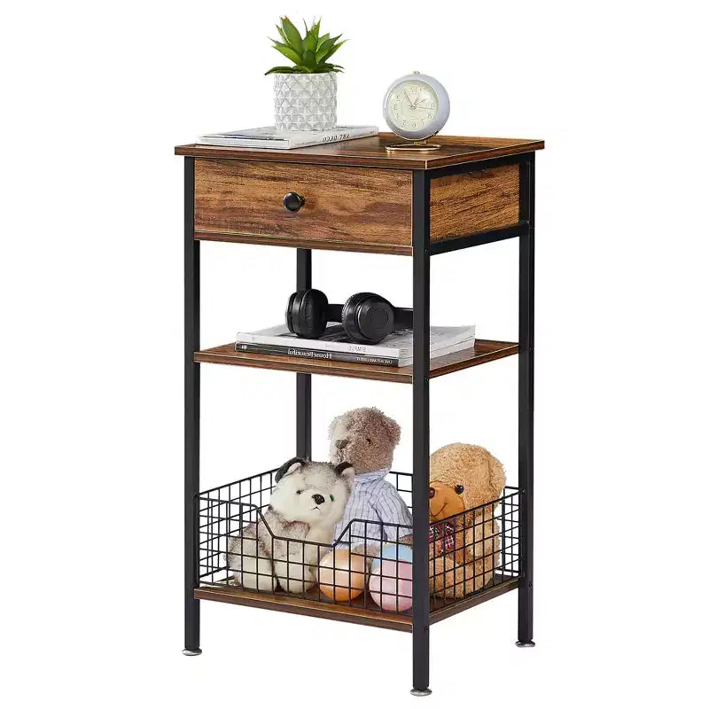 Table d'appoint haute VECELO, avec étagère de rangement et panier coulissant en métal pour salon ou chambre, gris/marron