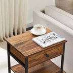 Table d'appoint haute VECELO, avec étagère de rangement et panier coulissant en métal pour salon ou chambre, gris/marron