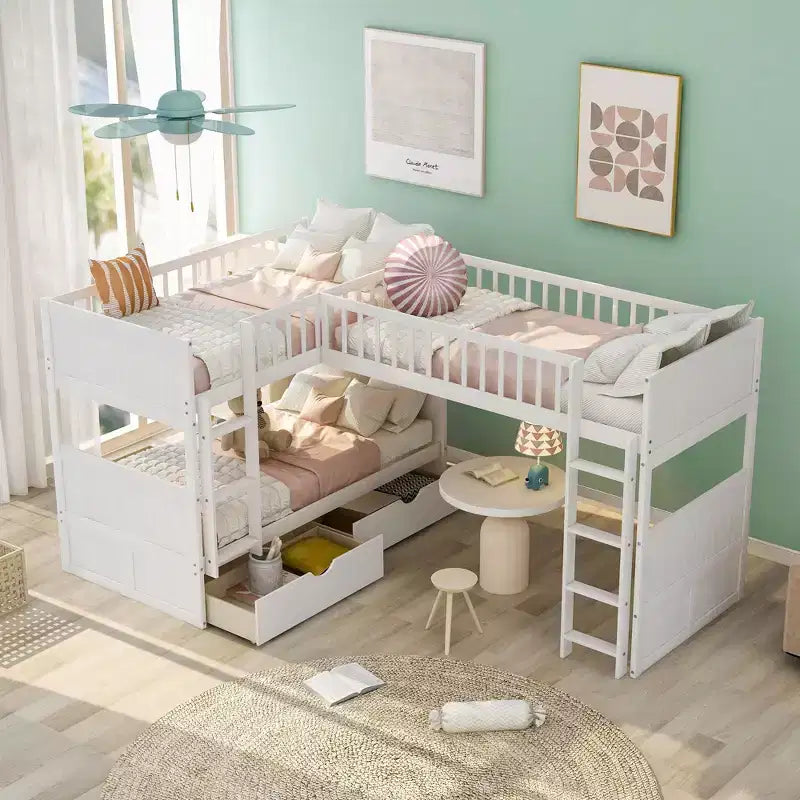 Okak Lit superposé double avec lit mezzanine attaché, Lits superposés en bois massif avec deux tiroirs et escalier pour enfants, filles, garçons, montage facile