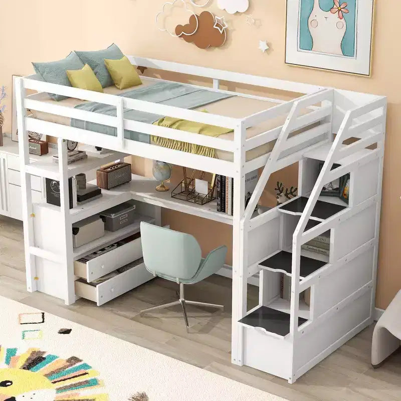 Lit superposé en bois massif Okak taille normale/double avec 2 tiroirs intégrés et escalier de rangement, lit mezzanine avec bureau et étagères pour enfants et adolescents, facile à assembler
